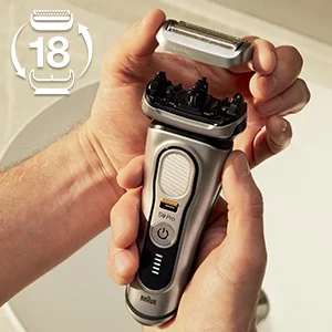 Braun Series 9 Pro electric shaver with graphic highlighting the 18-month recommended replacement interval for the shaver head.