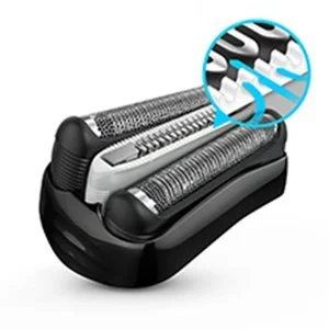 Braun shaver head highlighting its flexible blades and smooth shaving action.