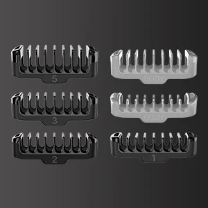 Braun trimmer combs, including sizes 1, 2, 3, and 5, plus two additional combs labeled "Body".
