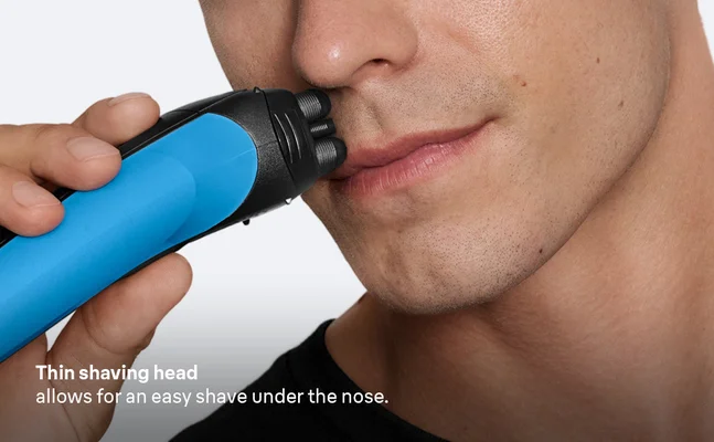 Man using Braun Series 3 with thin shaving head for an easy shave under the nose.