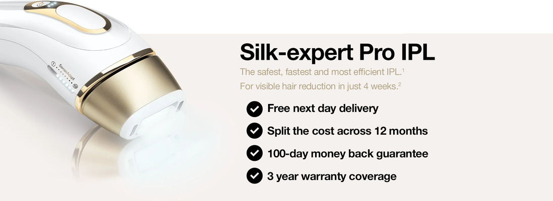 Silk-epil pro IPL. The safest, fastest and most efficient IPL. For visible hair reduction in just 4 weeks. Free next day delivery. Split the cost across 12 months. 100-day money back guarantee. 3 Year warranty coverage.