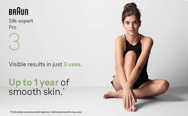 BRAUN Silk-expert Pro 3 Visible results in just 3 uses. Up to 1 year of smooth skin. *Following recommended regimen, individual results may vary..