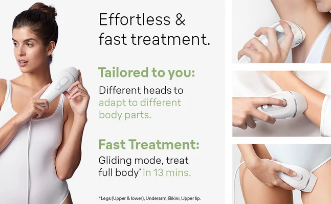 Effortless & fast treatment. Tailored to you: Different heads to adapt to different body parts. Fast Treatment: Gliding mode, treat full body in 13 mins. Legs [Upper & lower), Underarm, Bikini, Upper lip..