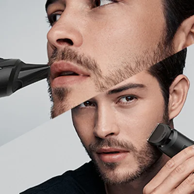 Braun trimmer being used to style a man's beard and mustache in a split-screen close-up.