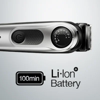 Braun trimmer showing the precision dial and the 100-minute runtime of the Li-ion battery.