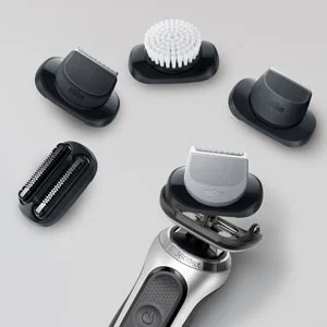 Braun Series 7 shaver with five interchangeable heads for different grooming needs.
