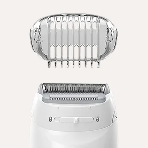 Braun Mini Hair Remover with Smartlight, showing the trimmer head and a comb attachment.
