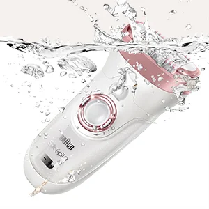 Braun Silk-épil epilator shown submerged in water, highlighting its wet and dry functionality.