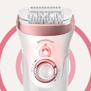 Braun epilator close-up, highlighting the SensoSmart technology and pressure guidance.