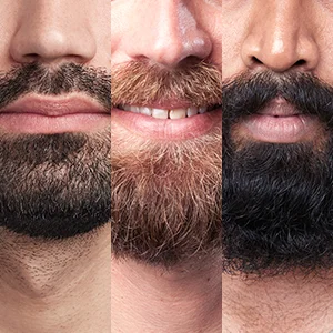 Three men with different beard styles showcasing beard grooming.