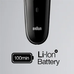 Braun shaver highlighting its Li-Ion battery with a 100-minute runtime.
