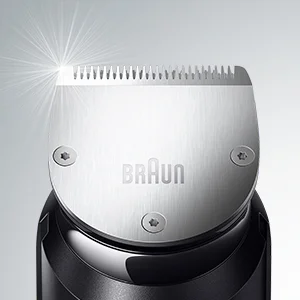 Braun trimmer head showing the brand logo.