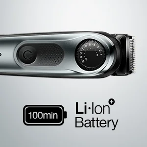Braun trimmer close-up showing precision dial and battery claim of 100 minutes runtime.