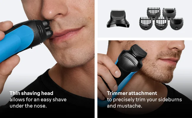Man using Braun Series 3 with thin shaving head and additional trimmer attachment for sideburns.