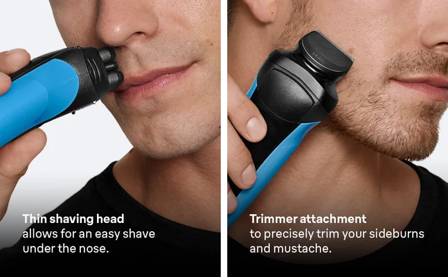 Man using Braun Series 3 with thin shaving head and additional trimmer attachment for sideburns.