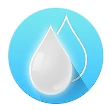 Two water droplets, one solid white and one outlined, on a blue circular background.