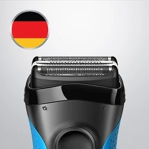 Braun electric shaver head close-up with a German flag icon indicating its country of origin.