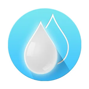 Two water droplets, one solid white and one outlined, on a light blue gradient circle.