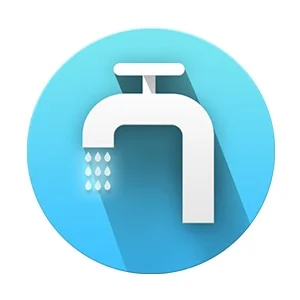 White faucet icon with water droplets on a light blue circle background.