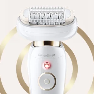 Braun epilator close-up showing the SensoSmart technology and epilation head.