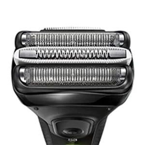 Braun shaver head close-up, showing the foil and cutter block system.
