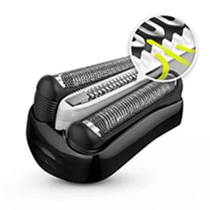 Braun shaver head highlighting the cutting action of the blades on individual hairs.