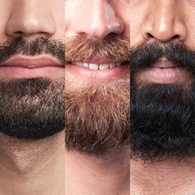 Close-up of three men with different beard styles, showcasing beard grooming possibilities.