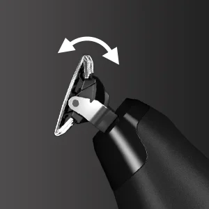 Side on image of the head of the trimmer with arrows demonstrating the angular movement of the head