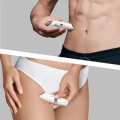 Braun trimmer being used on a man's abdomen and a woman's bikini area.