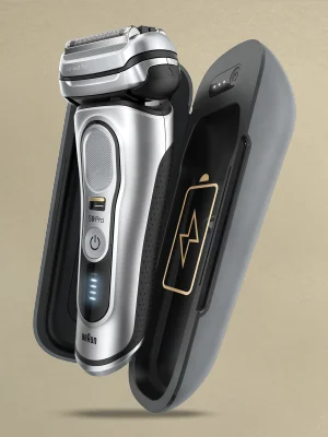 Braun Series 9 Pro electric shaver shown with its charging case and battery indicator.