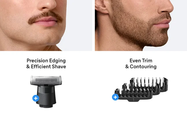 Different ways to use the Braun grooming kit Series XT 3 to edge, shave, trim and contour