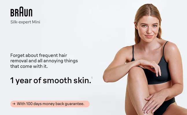 Enjoy the freedom of 1 year of smooth skin with Braun IPl 3Mini.1 With 100 days money back guarantee. 1When following recommended regimen, individual results may vary.