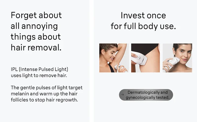 Free up your time and discover the at home alternative to laser. Invest once for full body use.