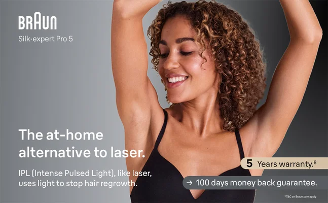 Enjoy the freedom of 2 years of smooth skin with Braun IPL5.1 With 100 days money back guarantee. 1When following recommended regimen, individual results may vary.