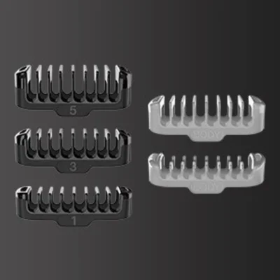 Braun trimmer combs: 1mm, 3mm, 5mm for beard, and two body combs.