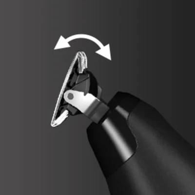 Braun trimmer head shown pivoting with a curved arrow indicating the movement.