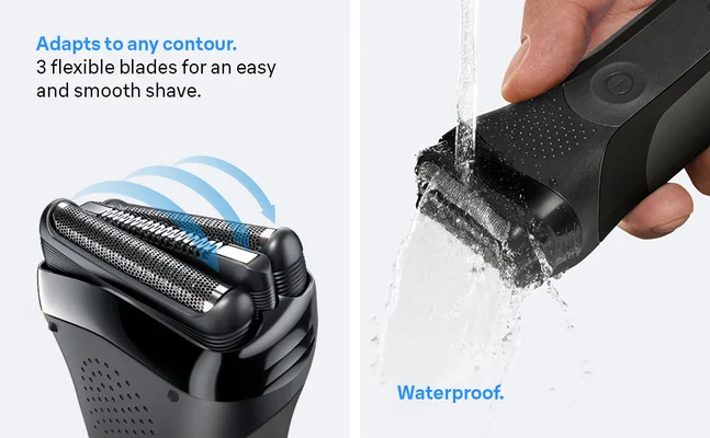 Braun Series 3 Adapts to any contour with 3 flexible blades for a smooth shave. Waterproof.