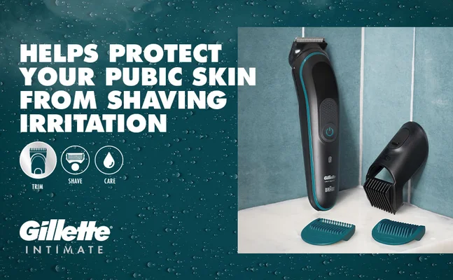 Gillette Intimate trimmer helps protect your pubic skin from shaving irritation, shown with its attachments for trimming, shaving, and care.
