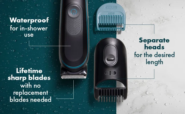 Gillette trimmer shown with separate heads for desired length, waterproof for in-shower use, and lifetime sharp blades.