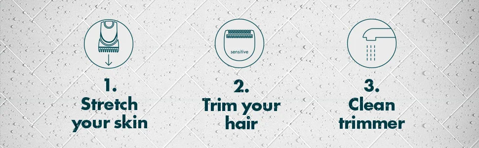 Gillette trimmer usage instructions: 1. Stretch your skin, 2. Trim your hair, 3. Clean trimmer.