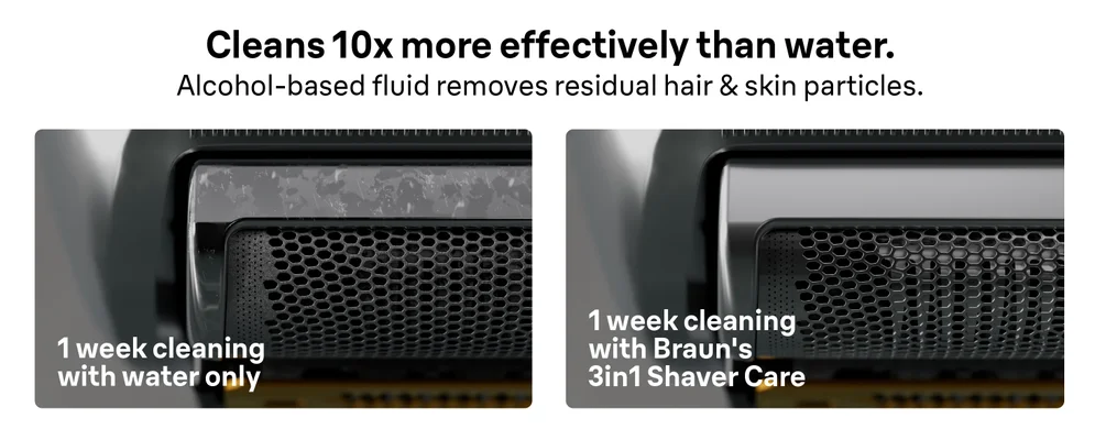 Image of shaver head showing residue. 1 week cleaning with water only; Image of a sparkling clean shaver head. 1 week cleaning with Braun’s 3in1Shaver Care
