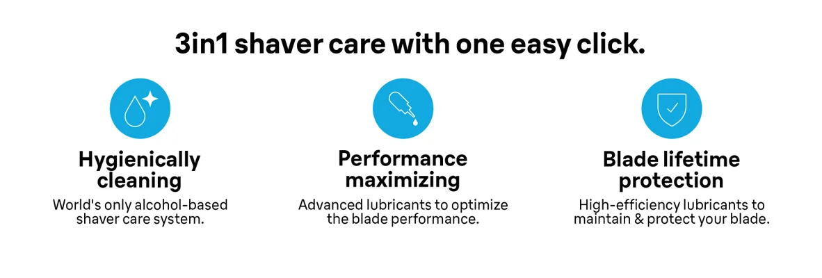 Image of 3in1 shaver benefits: Hygienically cleaning, Performance maximizing, Blade lifetime protection
