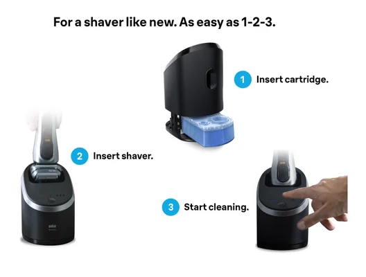 Step 1. Insert cartridge into cleaning center; Step 2. Insert shaver into cleaning center; Step 3. Press the button to start cleaning