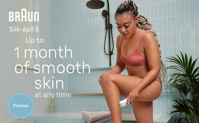 Young woman gliding Braun Silk•épil 5 on her leg. Text reads Up to 1 month of smooth skin at any time Precise