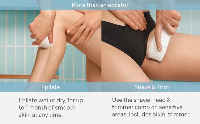 Image shows close up shot of the epilator on the leg and the shaver head on the bikini area with instructions on how to use each attachment.