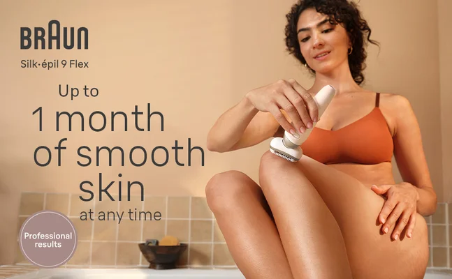 Young olive skin woman using Braun Silk-épil 9 Flex to epilate hard to reach areas. Text reads Up to 1 month of smooth skin at any time Professional results