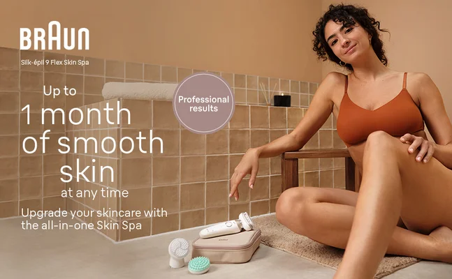 Young olive skin woman showing off her silky smooth skin after using Braun Silk-épil 9 Flex Skin Spa. Text reads Up to 1 month of smooth skin at any time. Upgrade your skincare with the all-in-one Skin Spa. Professional results.