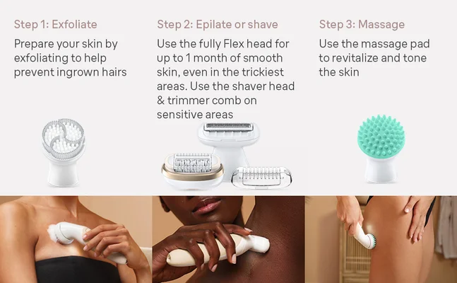 Prepare your skin by exfoliating to help prevent ingrown hairs. Use the fully Flex head for up to 1 month of smooth skin, even in tricky areas. Use the shaver head & trimmer comb on sensitive areas. Use the massage pad to revitalize and tone the skin