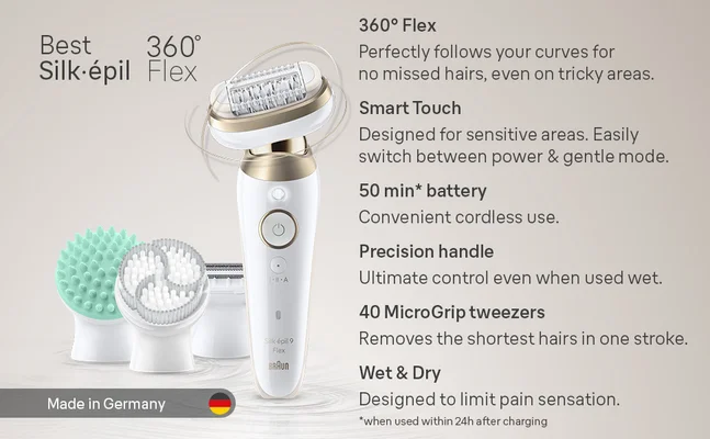 This waterproof epilator features a 360° Flex head for no missed hairs even on curves, Smart Touch designed for sensitive areas, a powerful 50 min battery, precision handle for ultimate control, 40 microgrip tweezers and can be used wet & dry.