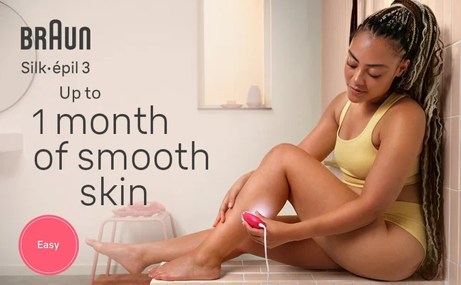 Young woman using Braun Silk•épil 3 on her leg. Text reads Up to 1 month of smooth skin Easy.